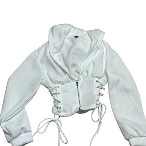 White Size Large Cropped Zip Hooded Sweatshirt, tied waist